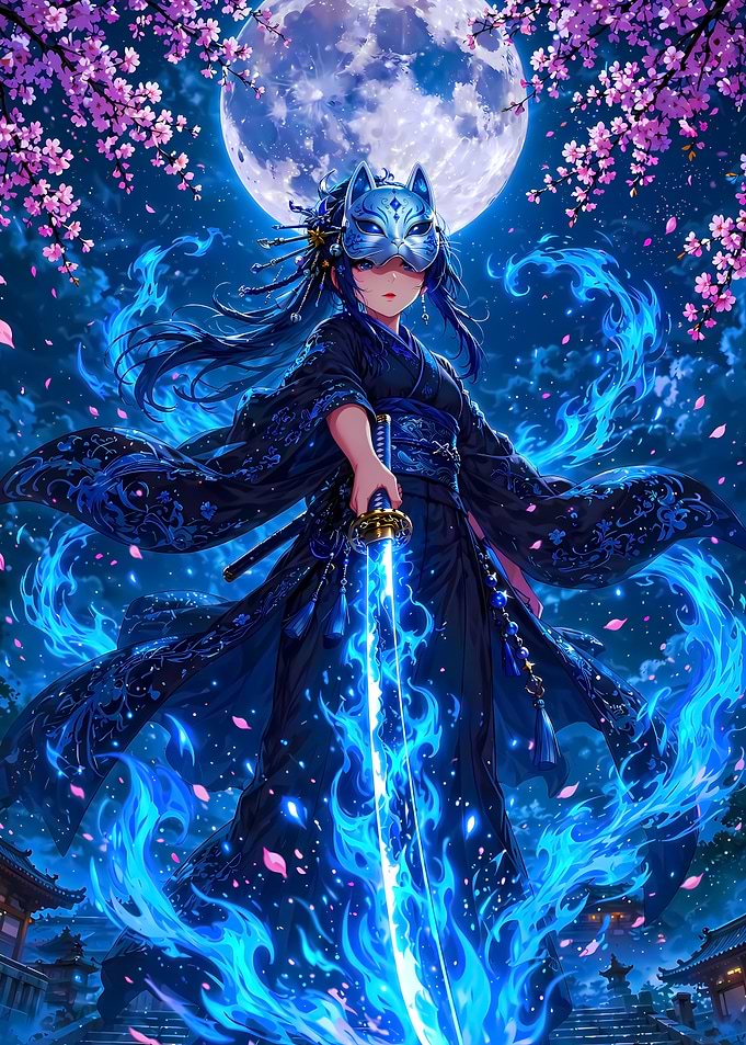 Anime Samurai Girl with Blue Flames
