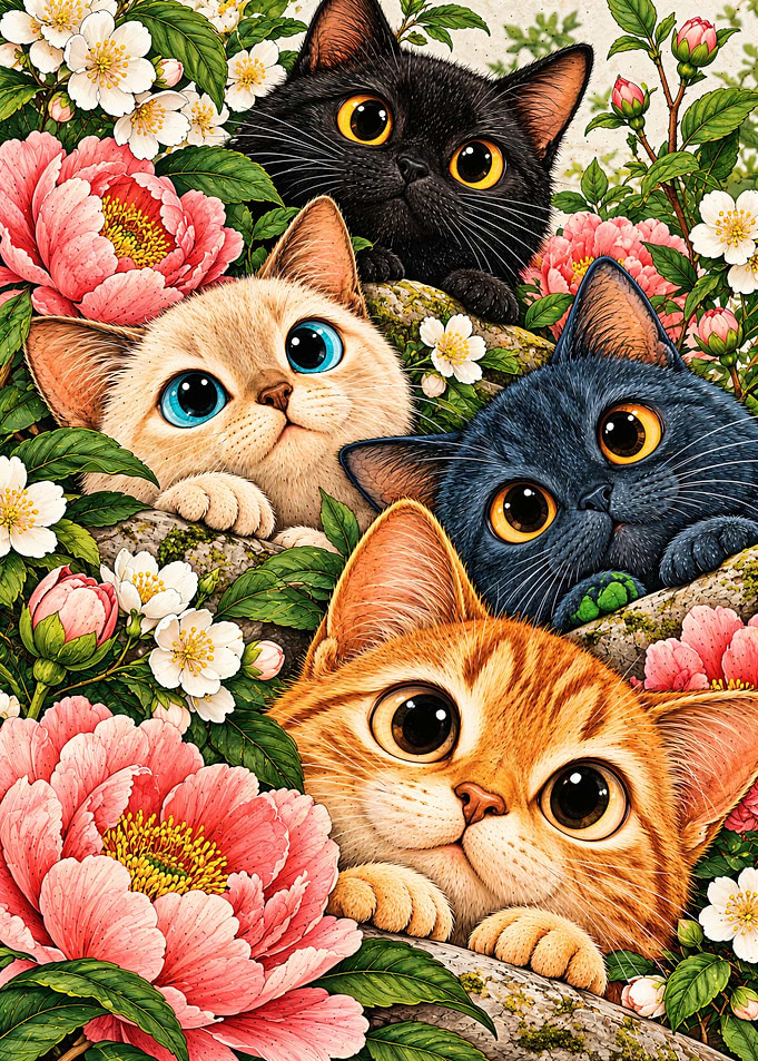 Four Cute Kittens Among Flowers