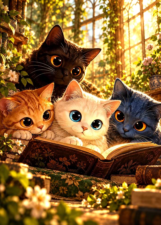 Three Cute Kittens Reading a Book