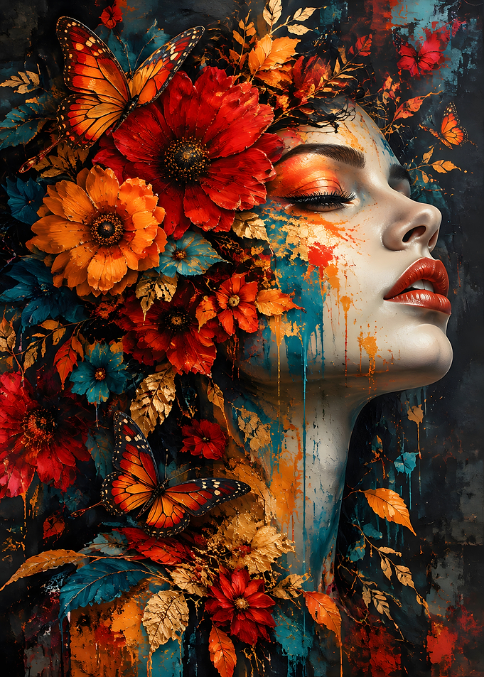 Abstract Portrait with Flowers and Butterflies