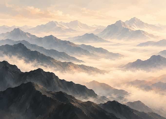 Misty Mountain Range at Sunset