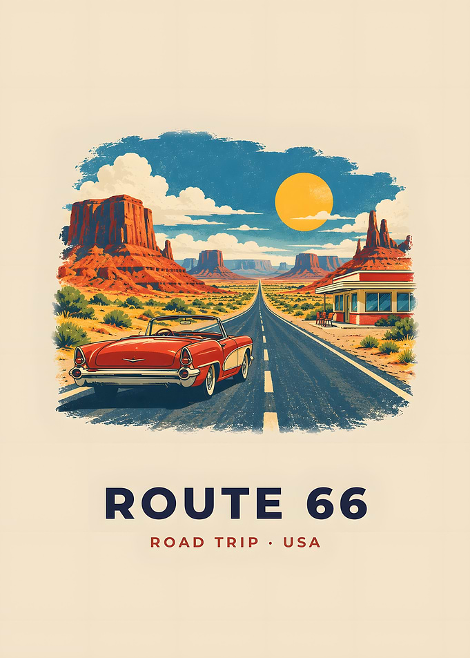 Route 66 Vintage Road Trip Poster Red Convertible Desert