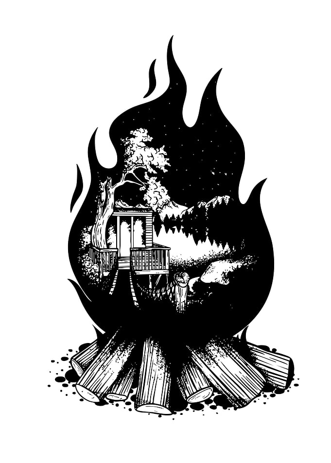 Campfire Cabin Double Exposure Illustration