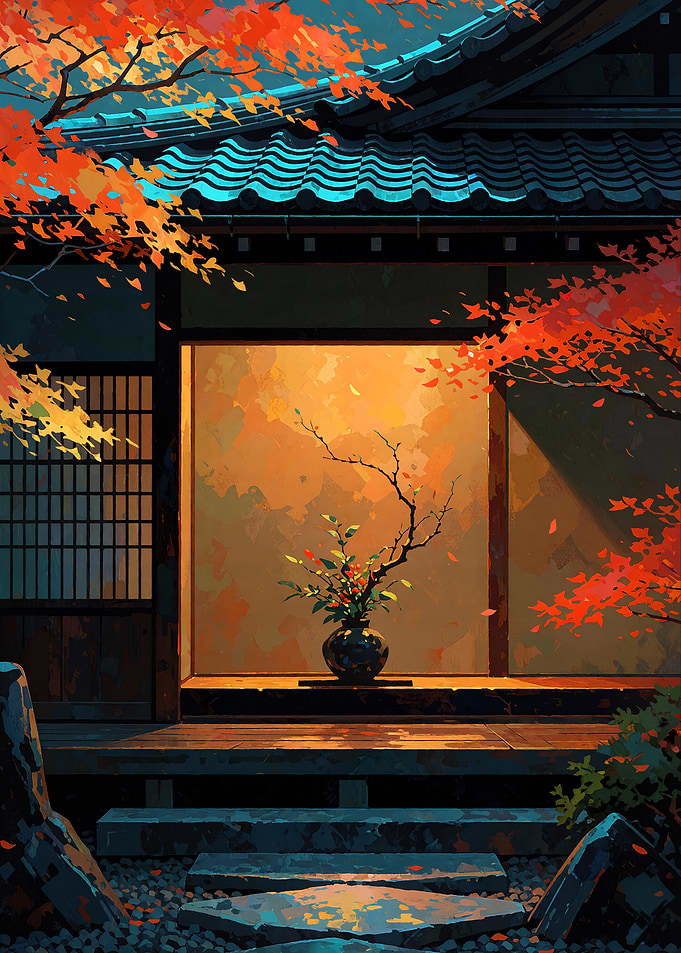 Traditional Japanese House with Autumn Foliage