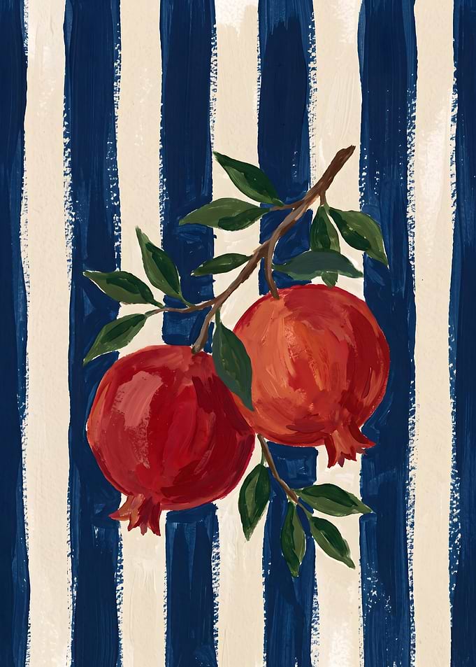 Pomegranates on Blue Striped Background