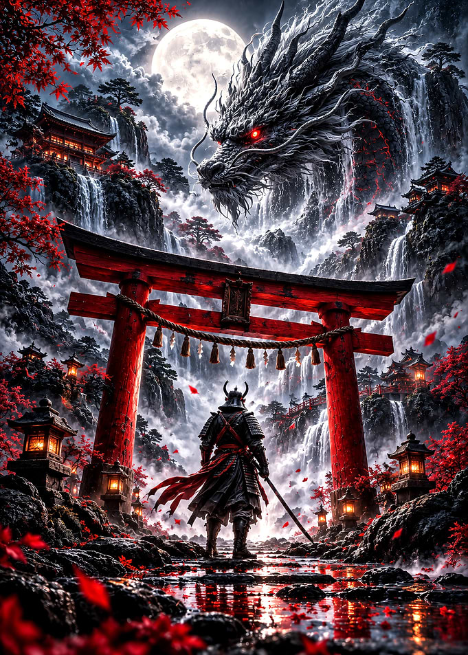 Samurai Facing a Mythical Dragon