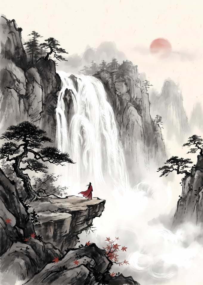 Lone Figure Before Majestic Waterfall