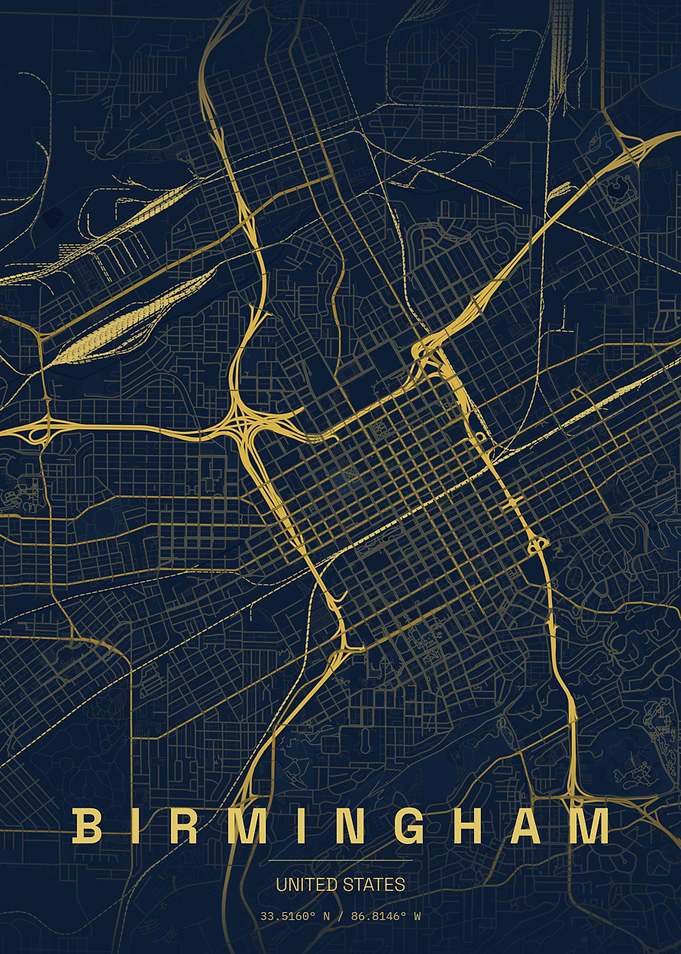 Birmingham Alabama Gold Map Print