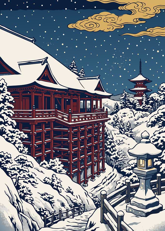 Snowy Japanese Temple Winter Scene