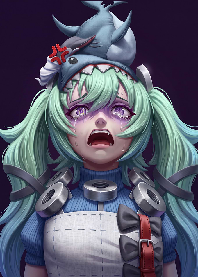Crying Anime Girl with Shark Hat