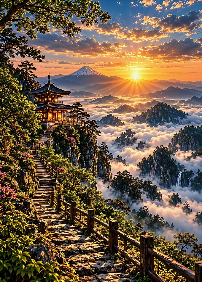 Sunrise Over Japanese Mountain Temple