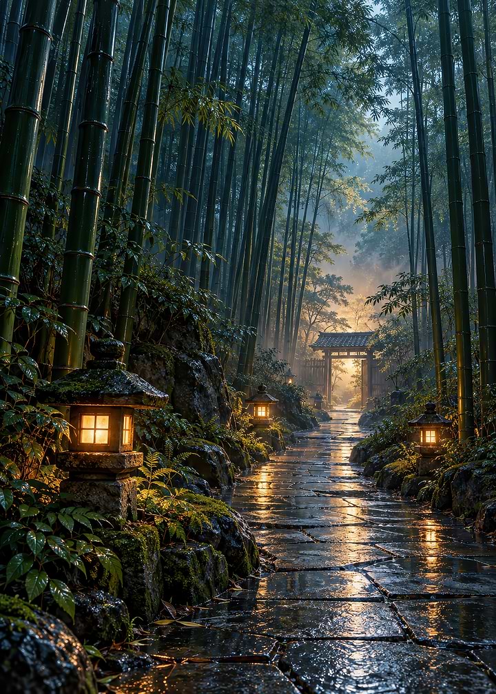 Serene Bamboo Forest Path at Dusk