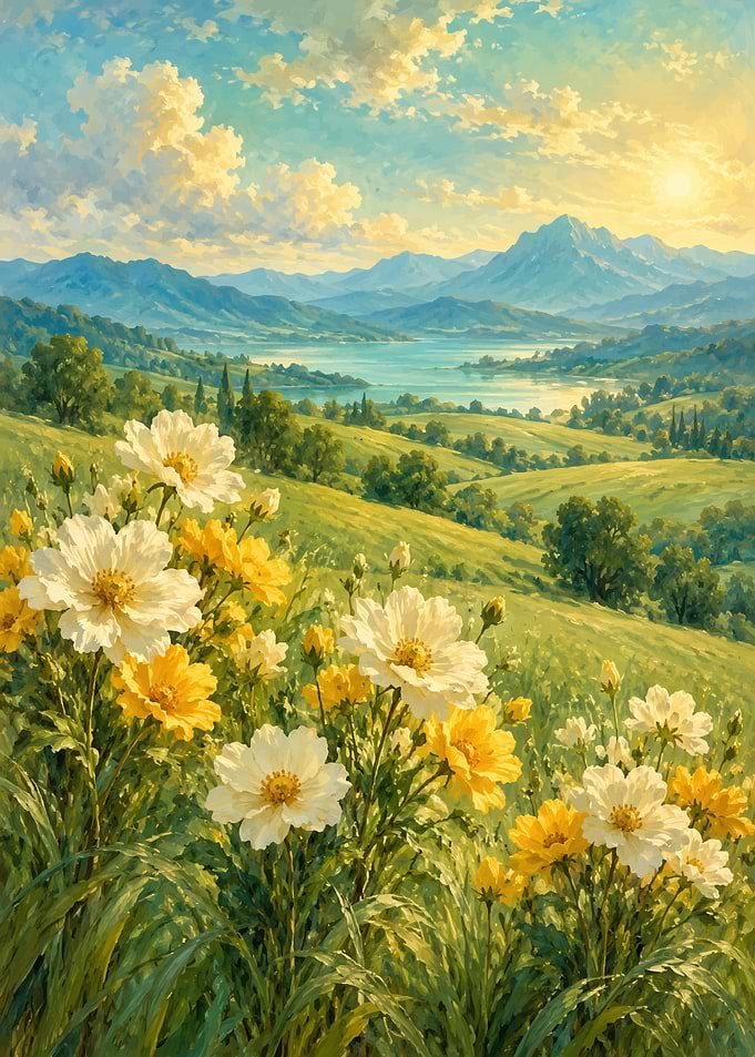 Sunlit Meadow with Wildflowers and Mountains