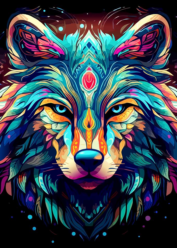 Vibrant Psychedelic Wolf Portrait