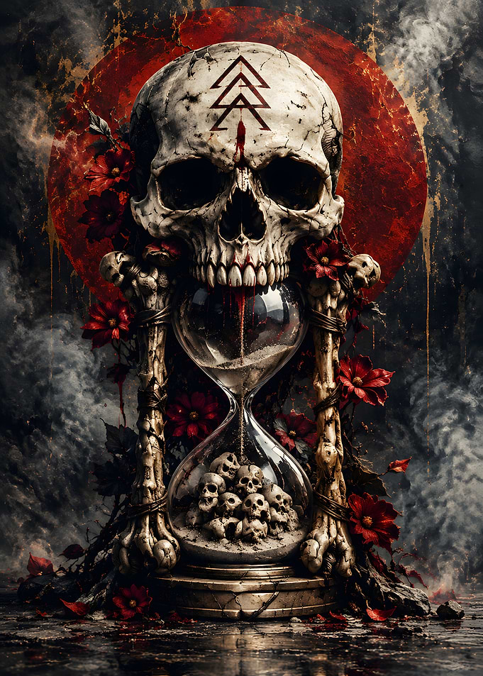 Gothic Skull Hourglass with Red Flowers