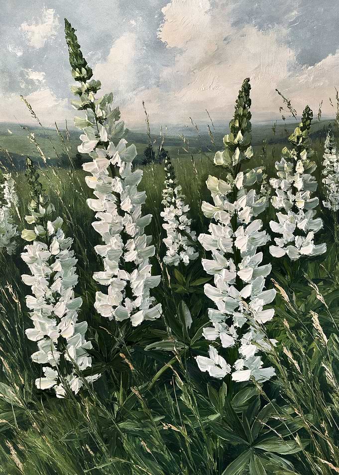 White Lupines Rising Above a Green Meadow, Impressionist Garden Painting
