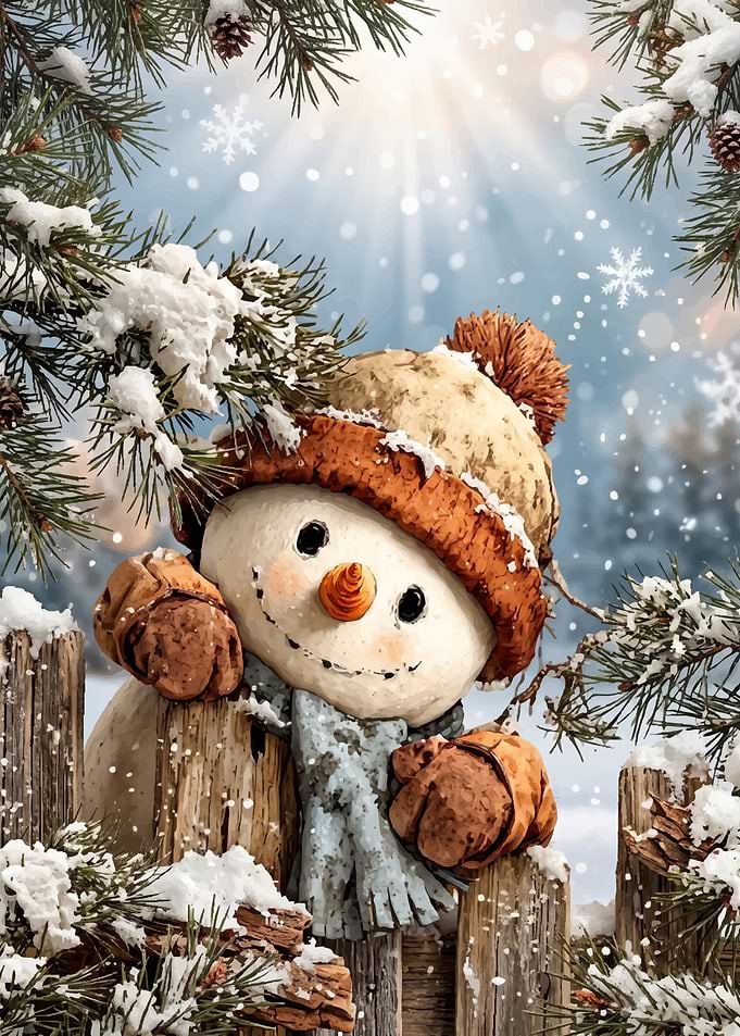 Cute Snowman Peeking Over Fence