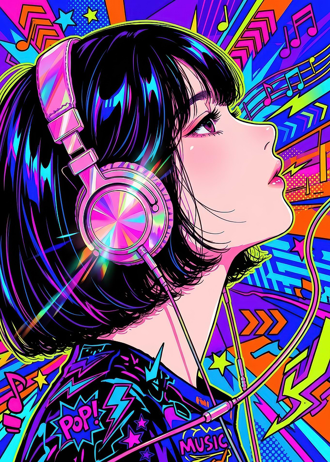 Vibrant Lofi Girl Listening to Music
