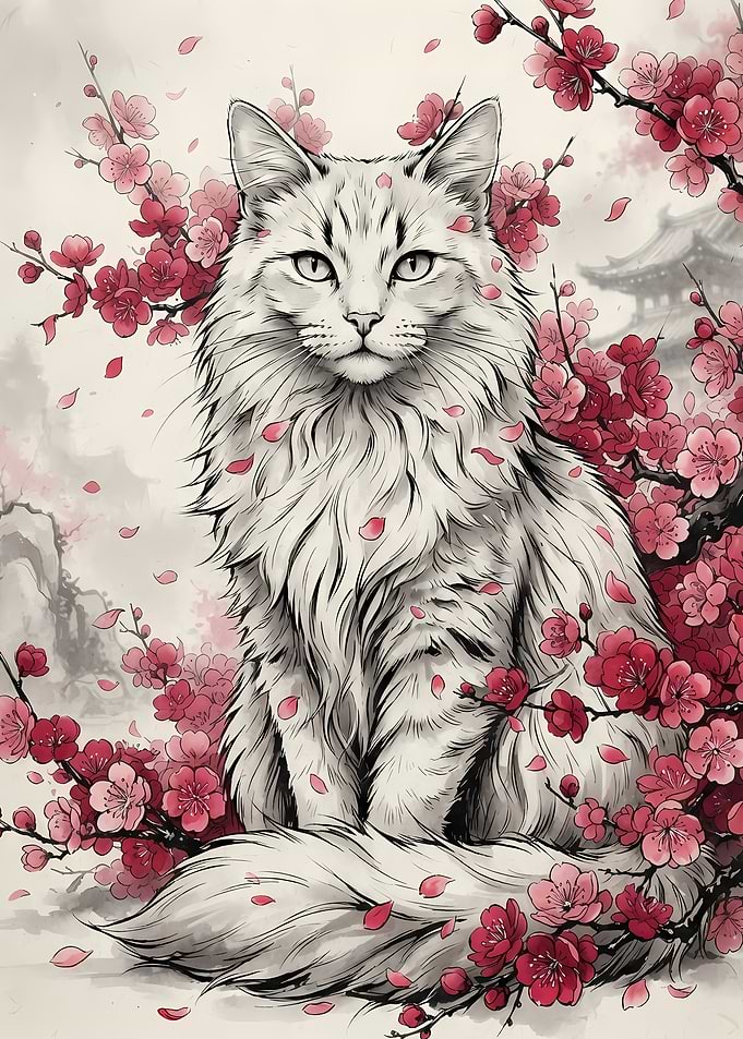 Fluffy Cat Amidst Cherry Blossoms