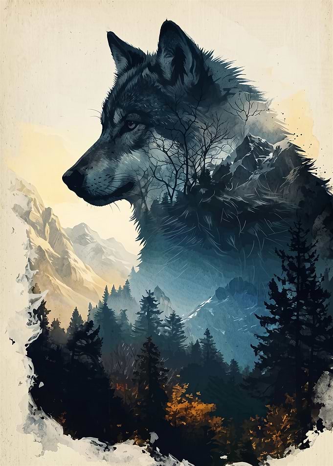 Double Exposure Wolf and Mountain Landscape