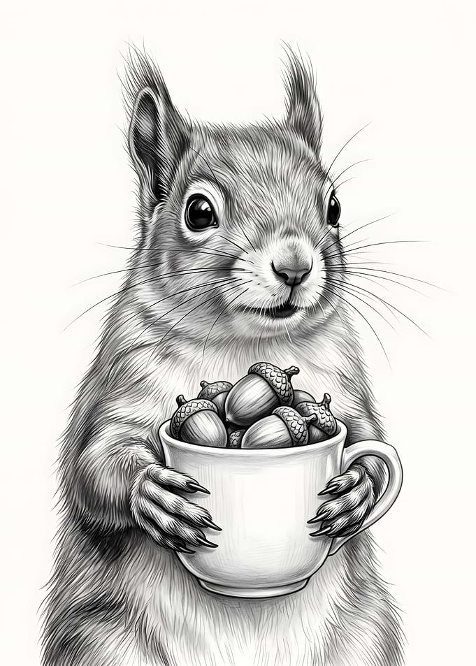 Squirrel Holding a Cup of Acorns