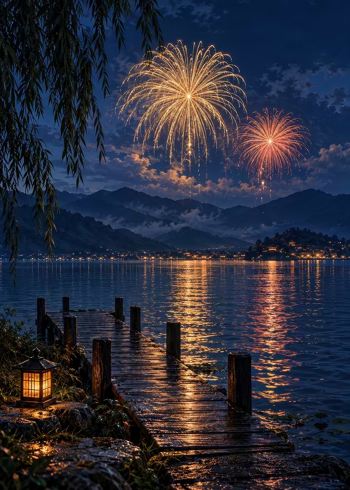 Fireworks Over a Serene Lake