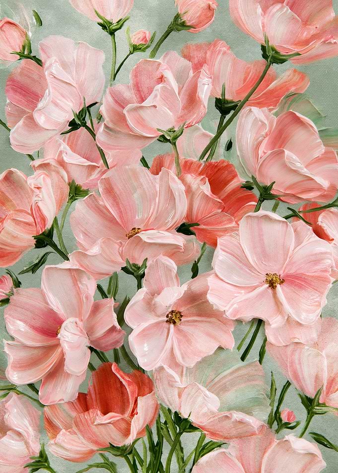 Blush Pink Blossoms on Soft Sage Green, Impressionist Floral Painting