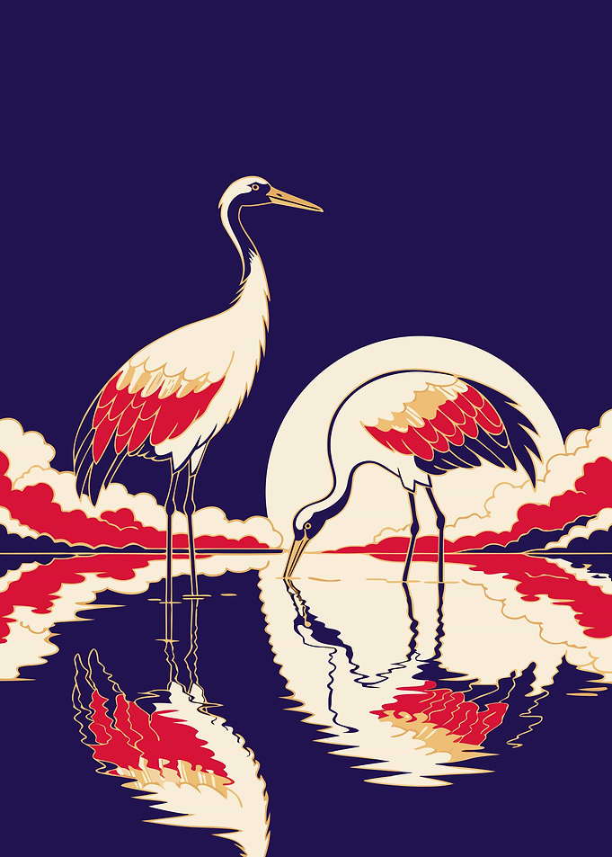 Japanese Cranes Ukiyo-e Metal Poster, No Text