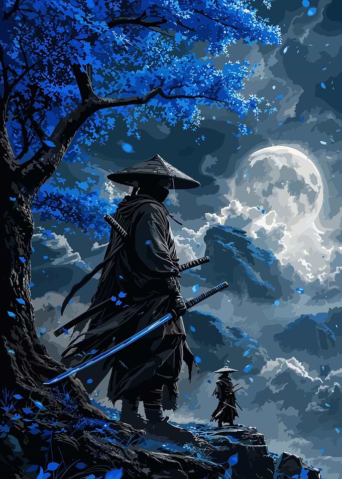 Samurai Under Blue Moonlit Tree