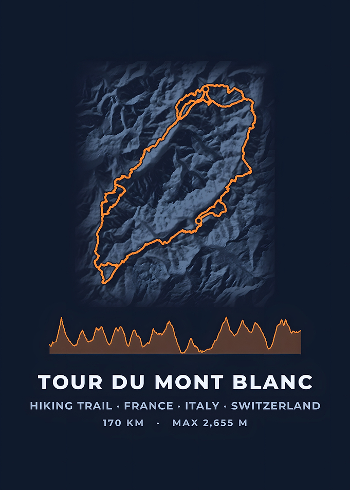 Tour Du Mont Blanc Hiking Trail Map Midnight Blue Print