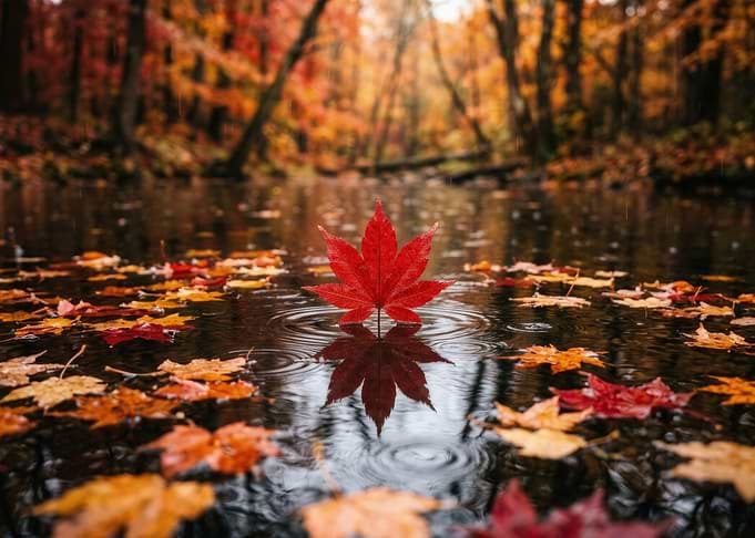 Vibrant Red Maple Leaf in Stream