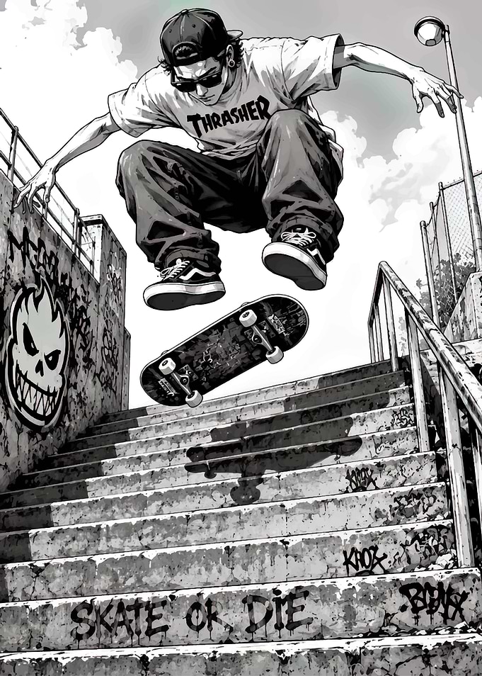 Skater Jumping Down Concrete Stairs
