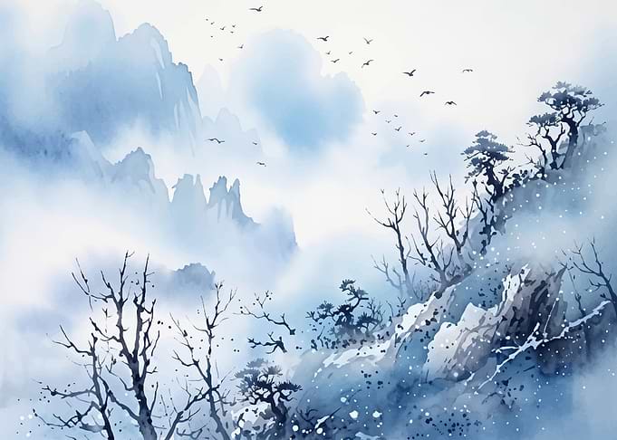 Blue Ink Wash Mountain Landscape