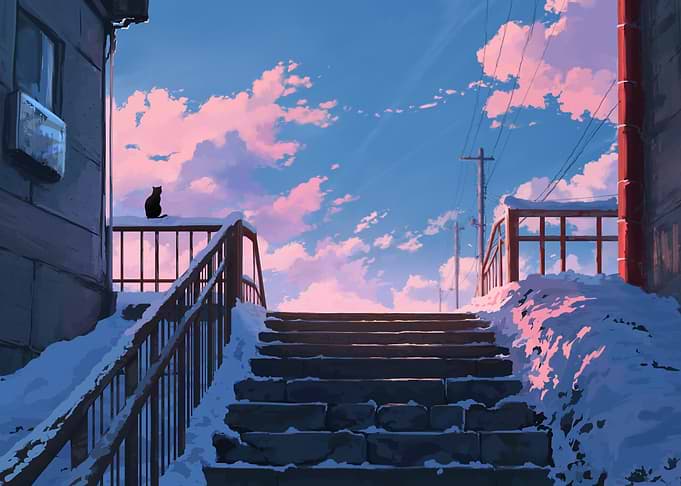 Lonely Cat on Snowy Stairs