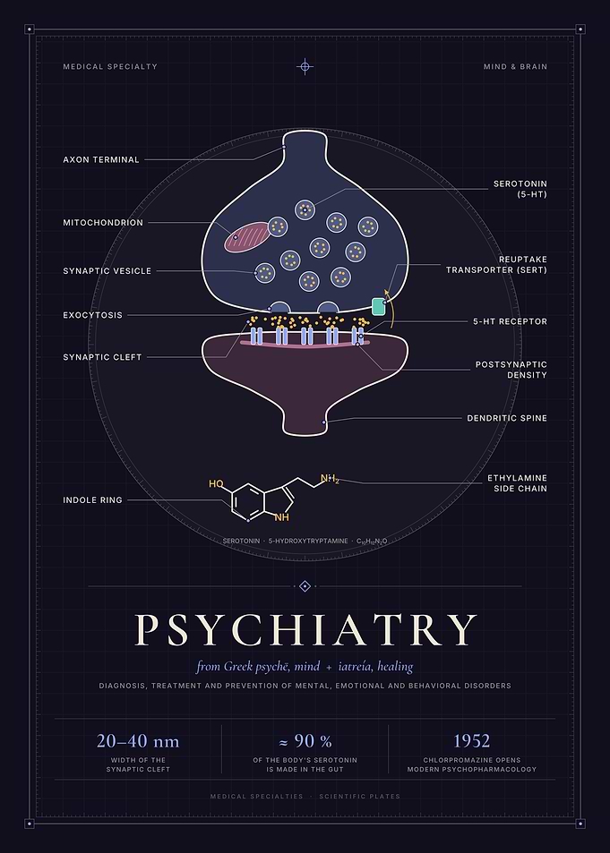 Psychiatry - Synapse & Serotonin Neurotransmitter Diagram