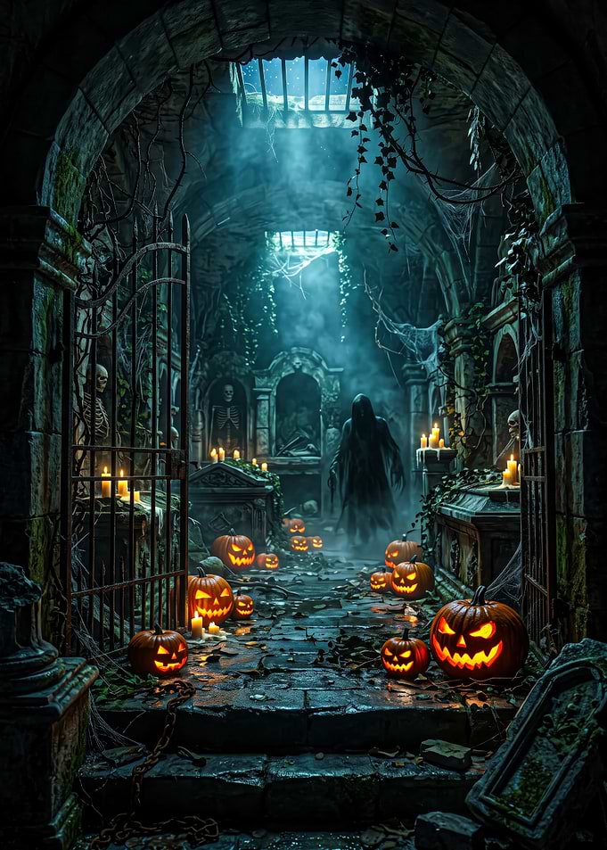 Spooky Halloween Crypt with Jack-o'-lanterns