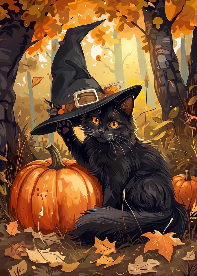 Black Cat Wearing Witch Hat