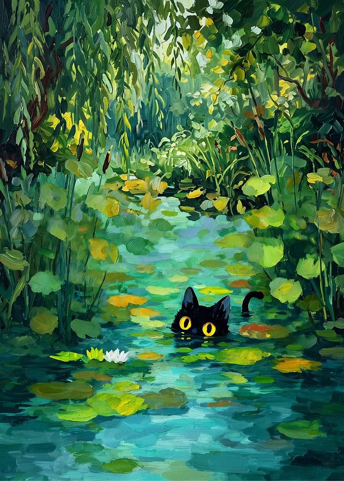 Black Cat Swimming in Pond