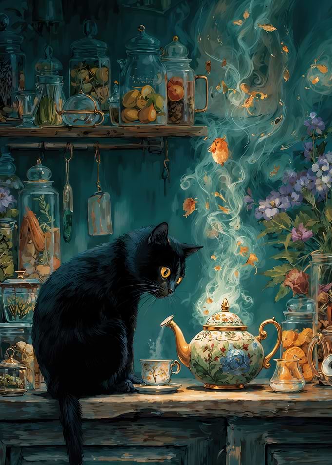 Black Cat Watching Magical Steaming Teapot Art