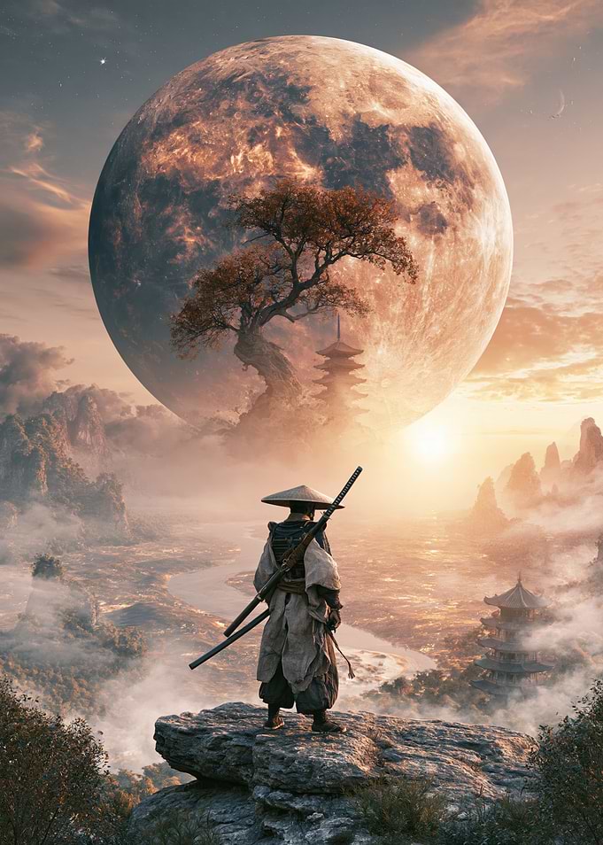Samurai Standing Before Giant Moon