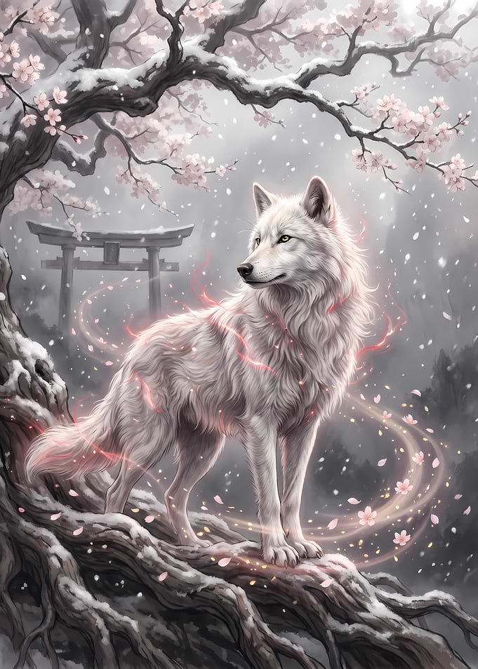 Mystical White Wolf in Cherry Blossoms