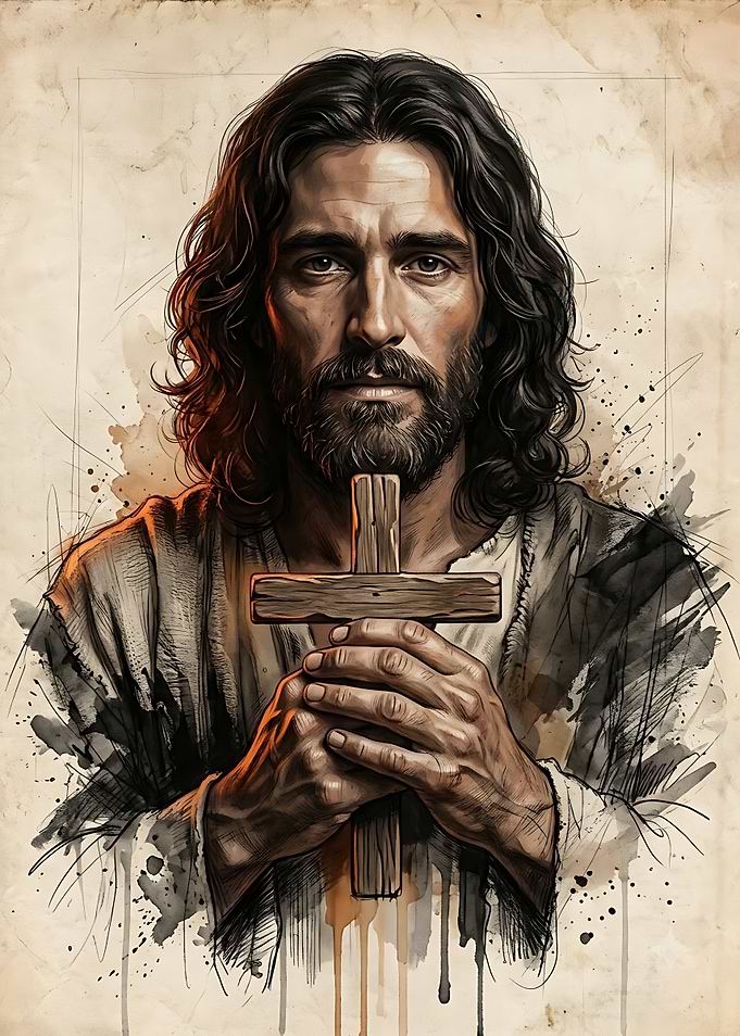 Portrait of Jesus Holding a Cross