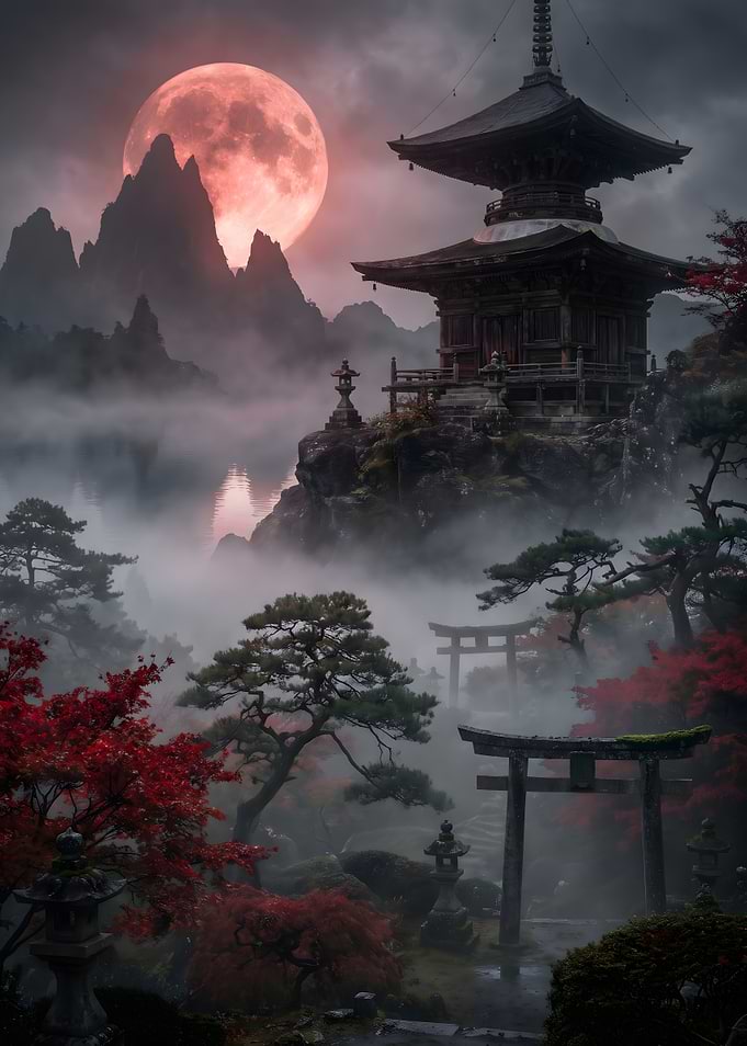 Ethereal Japanese Temple Under Blood Moon
