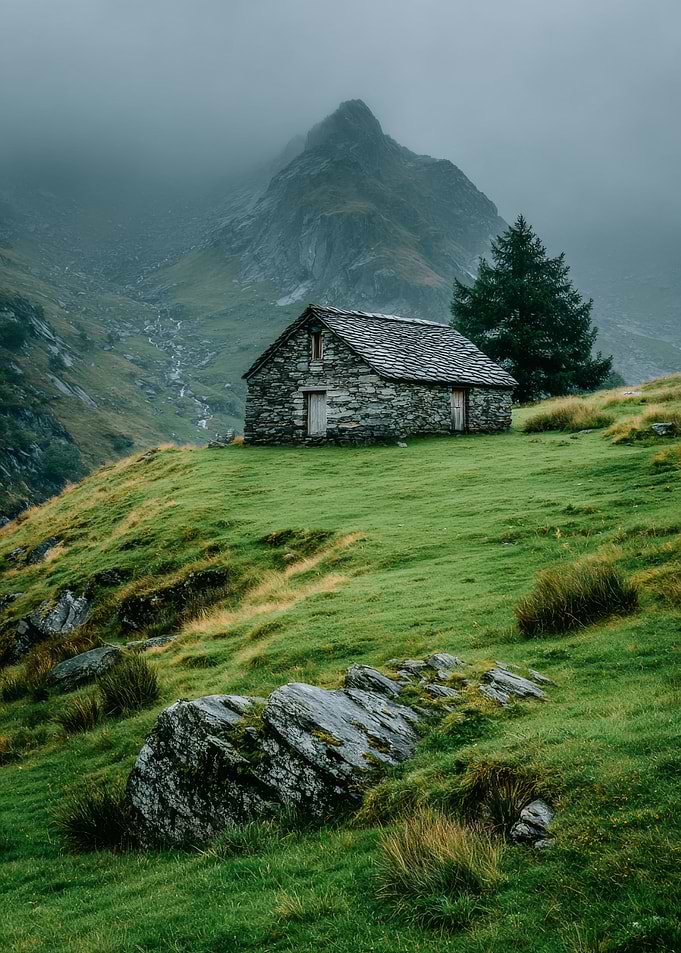 Stone Cabin in Misty Mountains