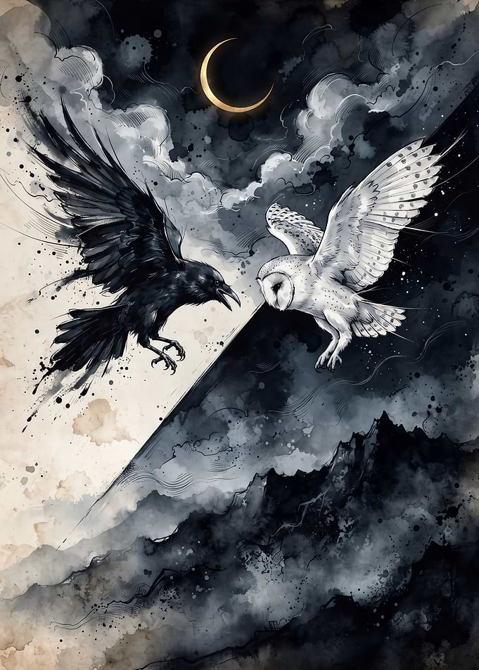 Raven and Owl Duality Art