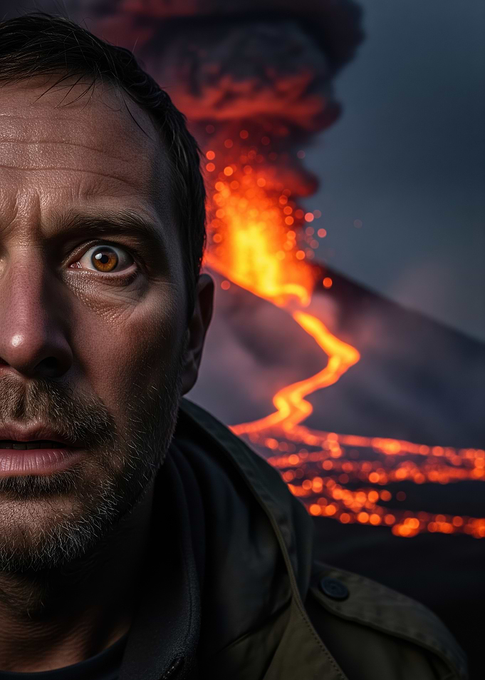 Shocked Man Facing Erupting Volcano With Glowing Lava Flow And Ash Cloud