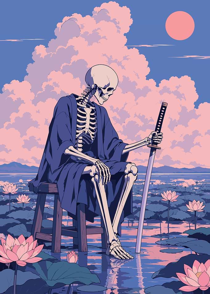 Skeleton Samurai Resting in Lotus Pond