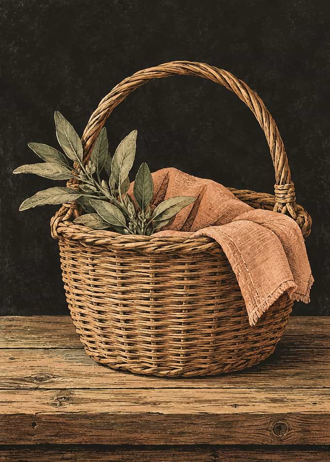 Wicker Basket with Sage and Cloth