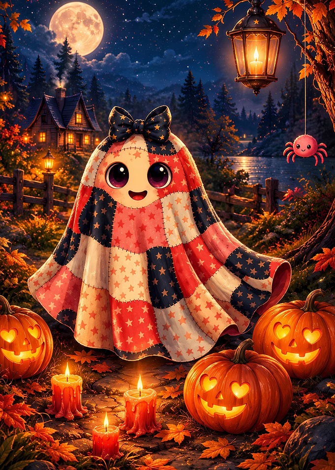 Cute Patchwork Ghost Halloween Scene