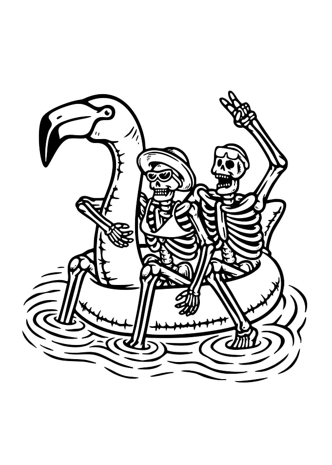 Skeletons on Flamingo Pool Float